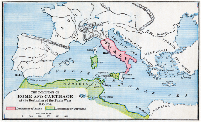 Territories of Rome and Carthage at outset of Punic Wars, 264 BCE (North Wind Picture Archives/Alamy)